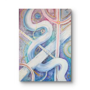 Transformační obraz Plynutí – akrylová malba s modrými tóny a metalickými odlesky 50×70 cm