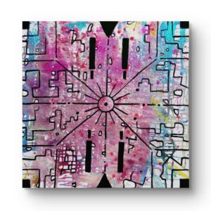 Transformační obraz Propojení – akrylová malba s geometrickými vzory a třpytkami 50×50 cm